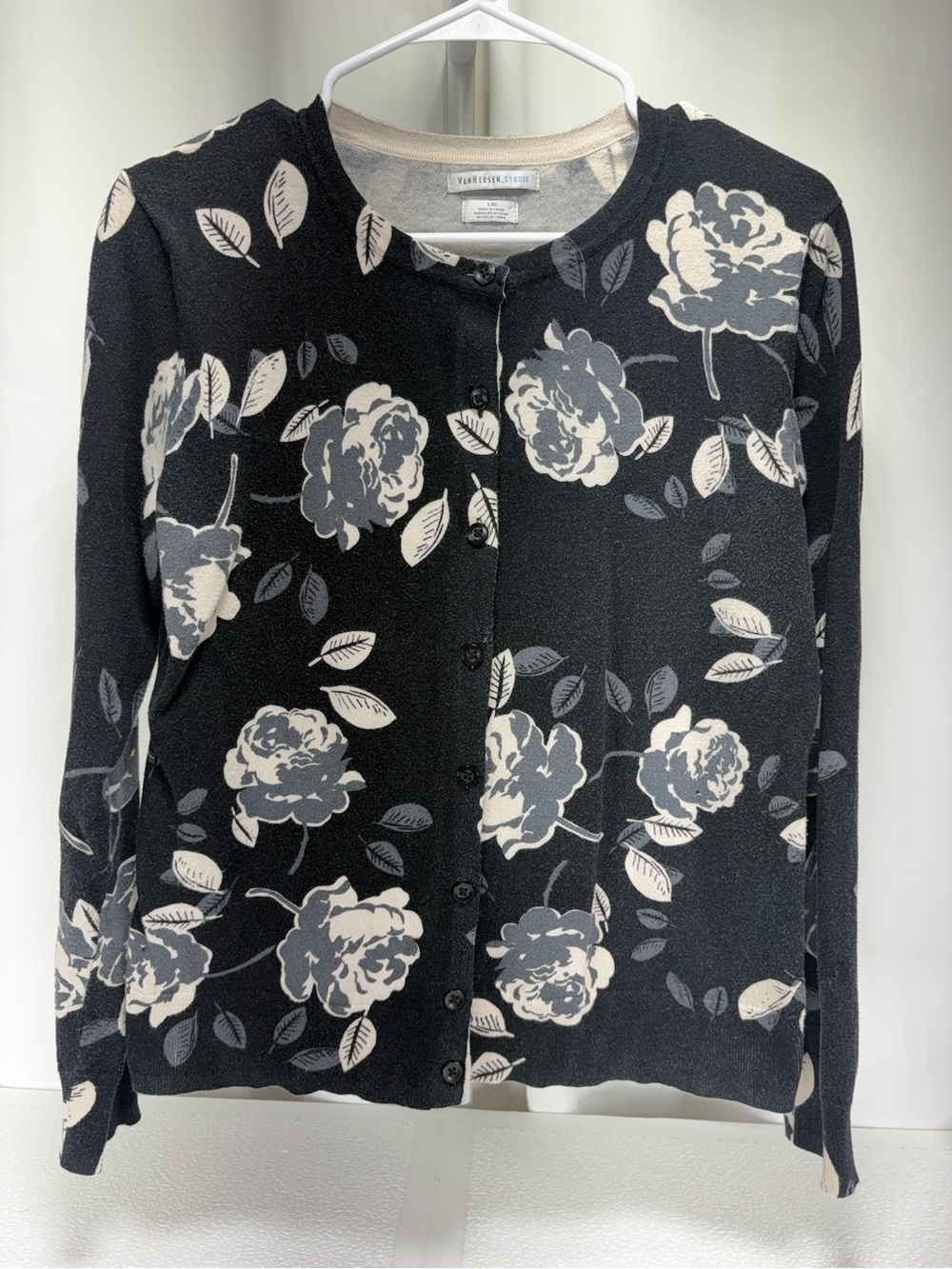 Van Heusen Black Floral Cardigan with Cream and Gray Blooms 4627